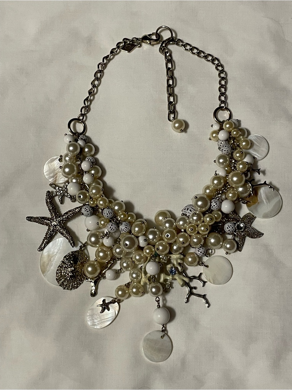 Sequin Sea Life Statement Necklace Pearls Starfish Shells Coral Rhinestone